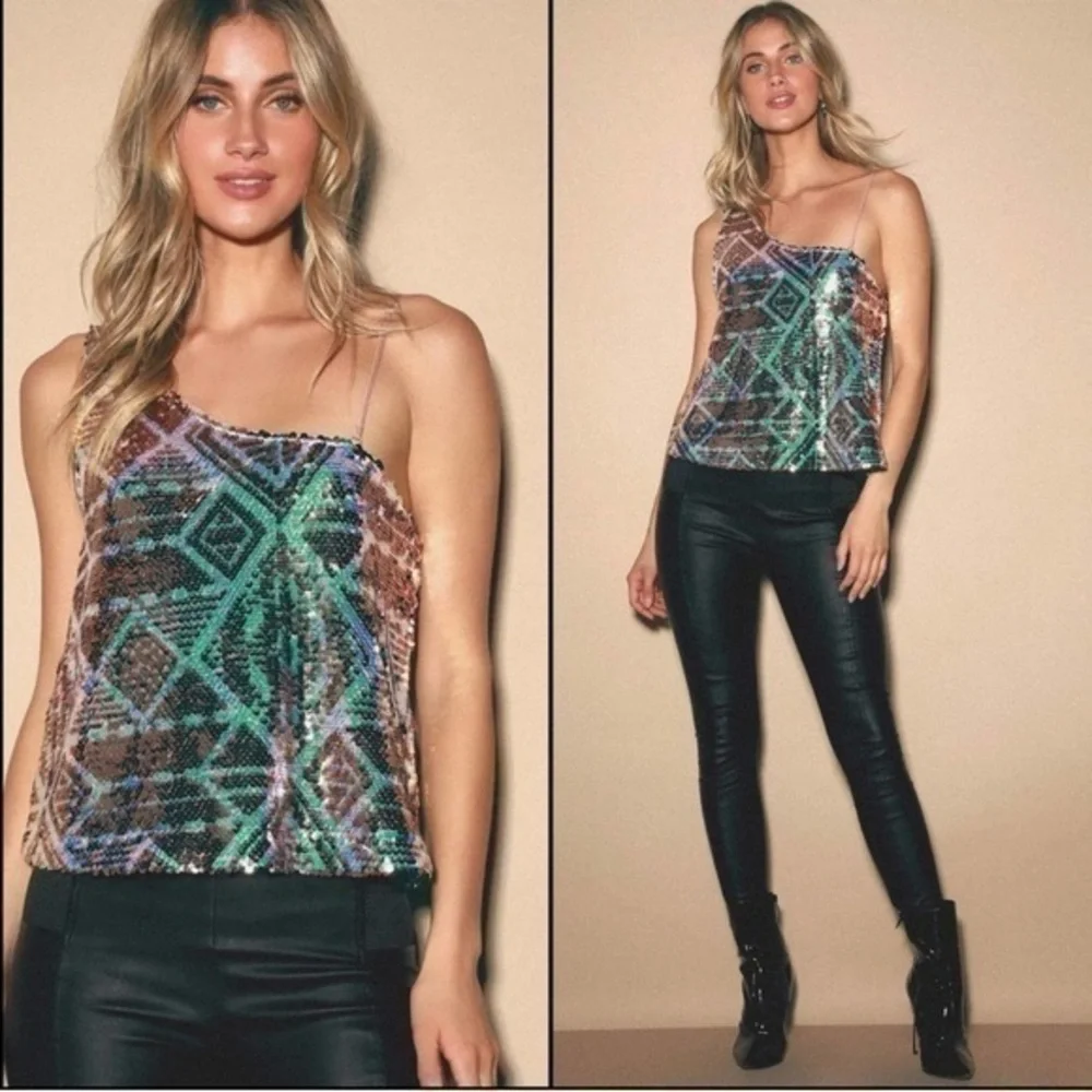 Free People Disco Fever Sequin One Shoulder Top Rose Gold Iridescent